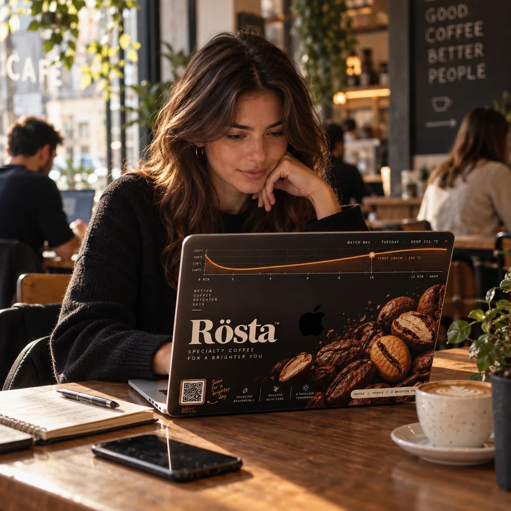 Someone working in a café on a laptop wearing a Rösta skin