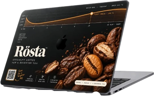 A MacBook wearing the Rösta coffee skin