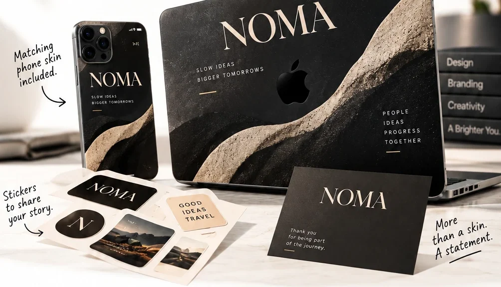 The Brand Pack: laptop skin, matching phone skin, stickers and a card