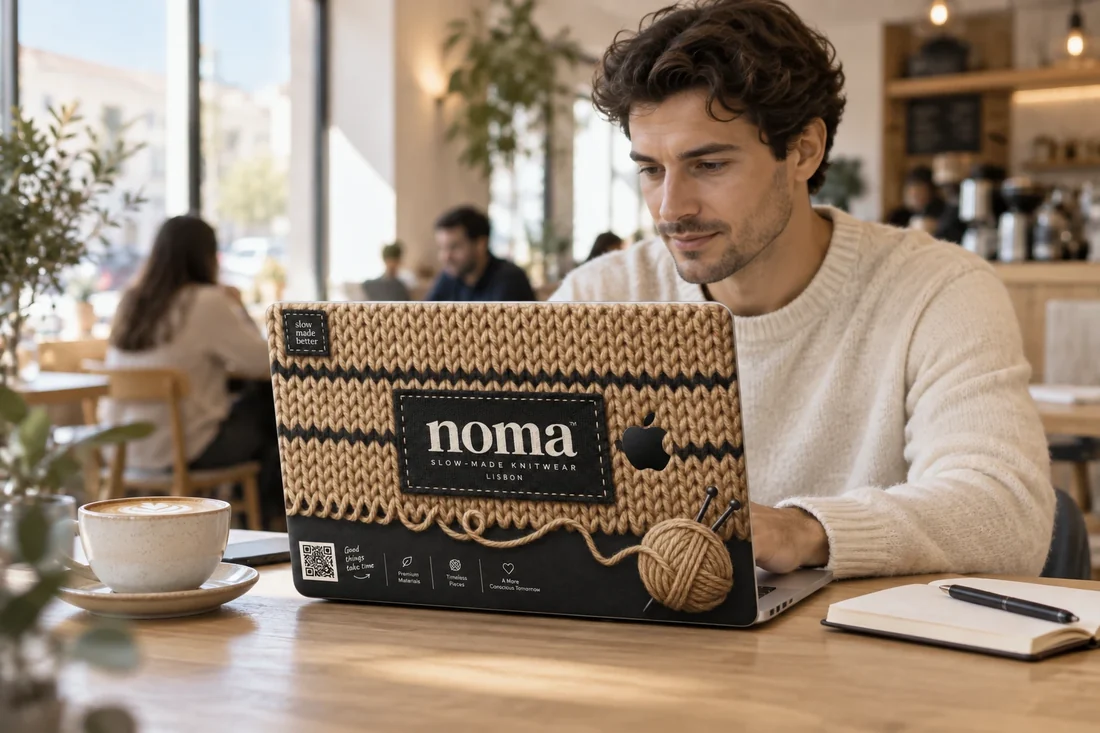A noma skin on a laptop at a café table